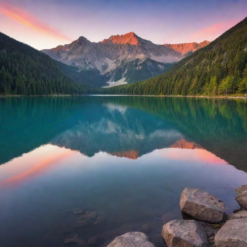 Calm mountain lake at sunset with soft mist and pine trees reflected in the still turquoise water