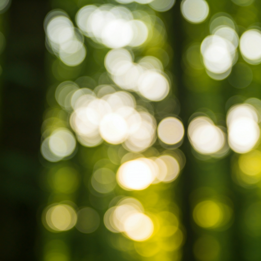 abstract sun rays through green forest leaves creating soft bokeh and warm lighting