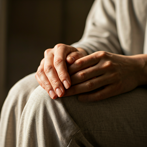 close up of hands resting peacefully in a lap with soft morning light and natural linen textures