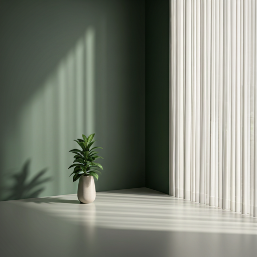 minimalist tranquil interior with soft sunlight filtering through sheer curtains hitting a single green plant in a ceramic vase