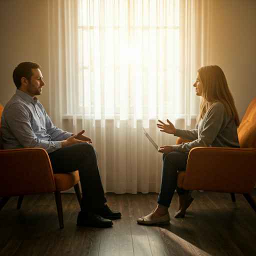 two people sitting in comfortable chairs in a warm sunlit room engaged in a deep and calm conversation
